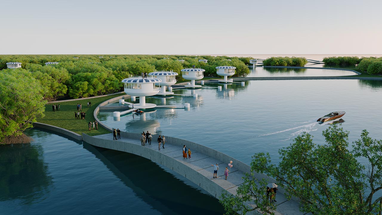 A depiction of waterfront living with SeaPods, set to launch soon.